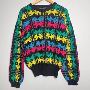Vintage 80s Hermans Ski Sweater Rainbow Neon Geometric Fair Isle Size Medium